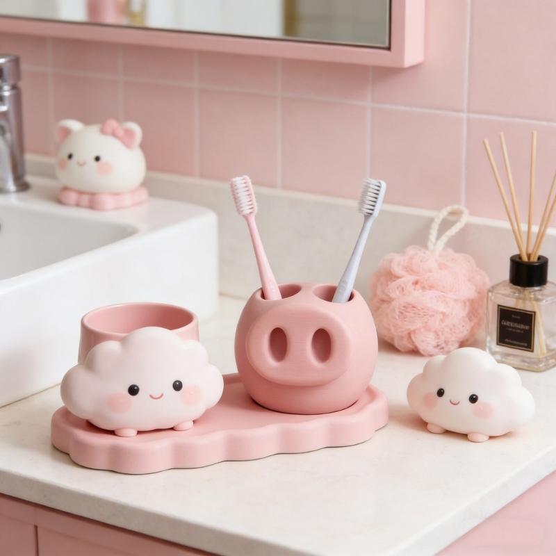 Cute Pink 3D Printed Snout Toothbrush Toothpaste Holder 3D Printed Design for Bathroom Countertop Accessories