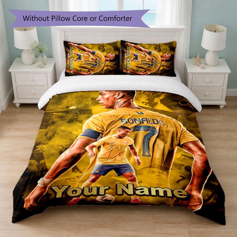 Set Biancheria da Letto Personalizzato Cristiano Ronaldo con Nome Testo 1 Copripiumino+2 Federe Logo Calcio Regalo Personalizzato per Occasione Speciale Arredamento Camera da Letto