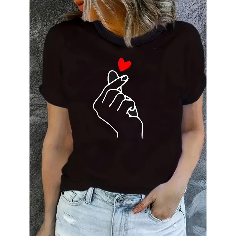 Womens Casual Tee Heart Gesture Graphic Print Round Neck Short Sleeve All Season Comfort Fit Top 4XL чёрный