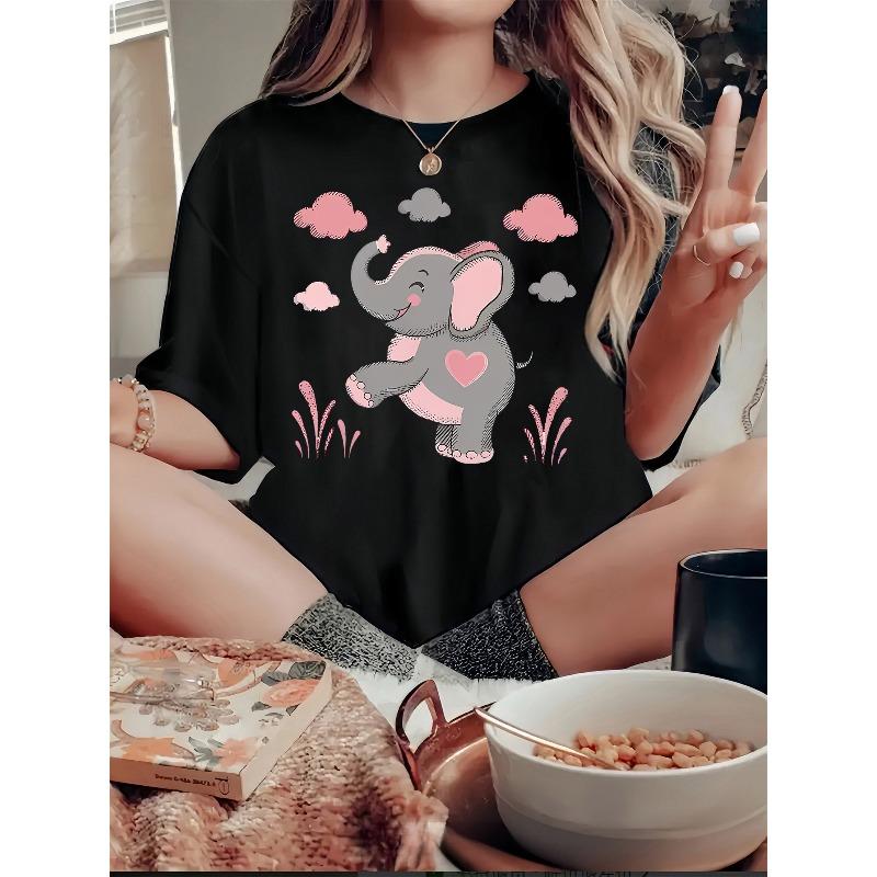 European Size Women'S Casual Elephant Heart Print T-Shirt, Polyester Crew Neck Tee, Short Sleeve Knit Fabric Top with Medium Stretch, Animal Pattern