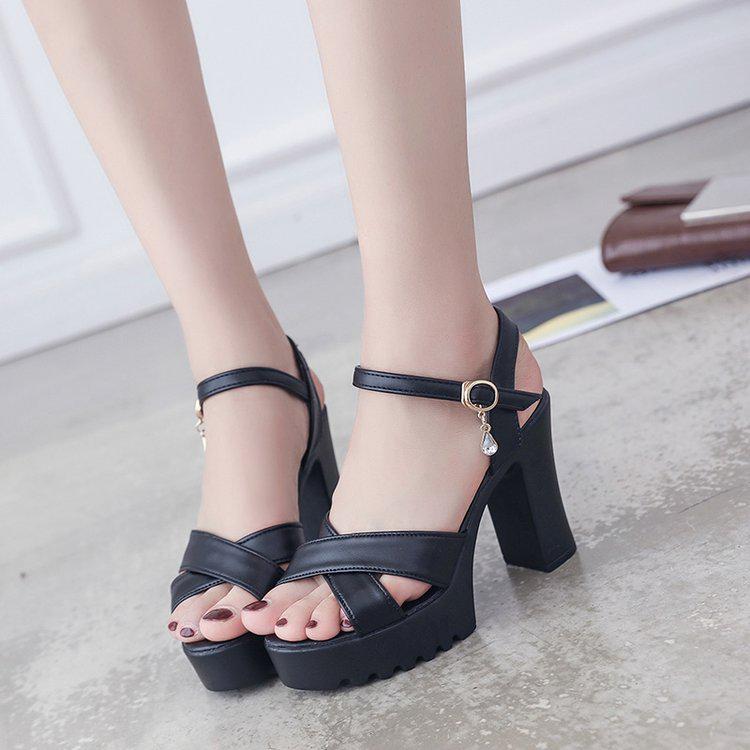 Women's 2024 Summer Rhinestone Buckle Chunky Heel One-Strap Sandals