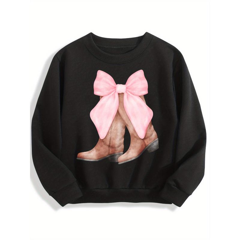 Kids Black Long Sleeve Crewneck Sweatshirt, Cowgirl Boots Pink Bow Graphic Print 110 чёрный