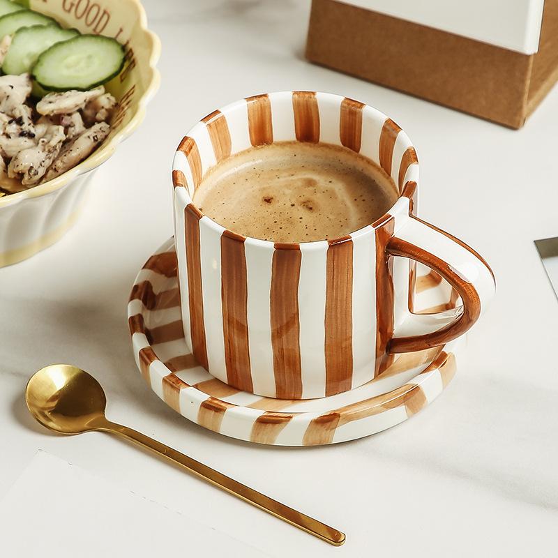 Hand Painted Japanese Household Ceramic Mug Retro Striped Medieval Coffee Cup Breakfast Cup Afternoon Tea Cup Couple Cup