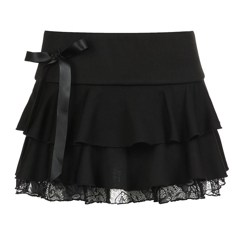 Women's Dark Pure Desire Spice Girl Lace Splicing Bowknot Halter Skirt Low Waist Sexy Ballet A-Line Cake Short Skirt
