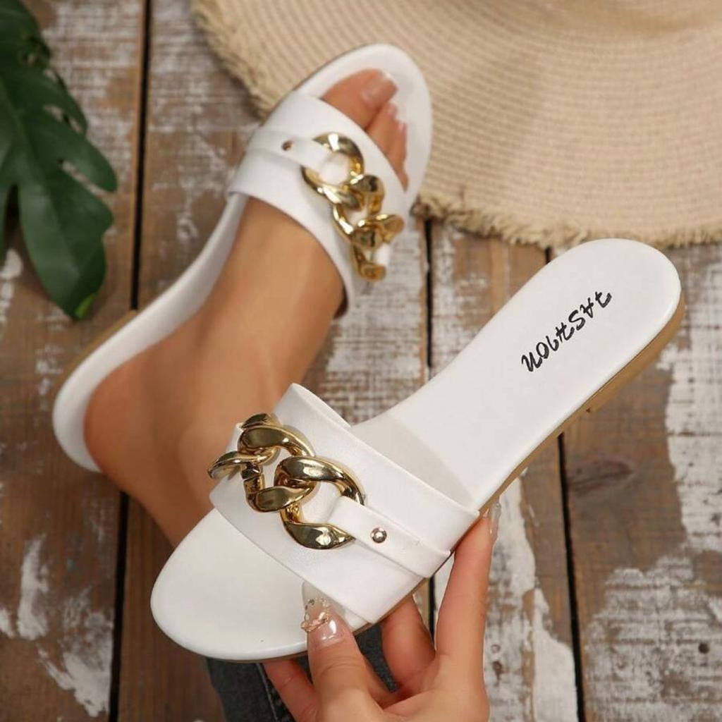 Women's Shoes, Fashionable Slippers for Ladies, Solid-colored Metal Decorations, Square-toed Flat Shoes, Comfortable Solid-colored Simple Slippers