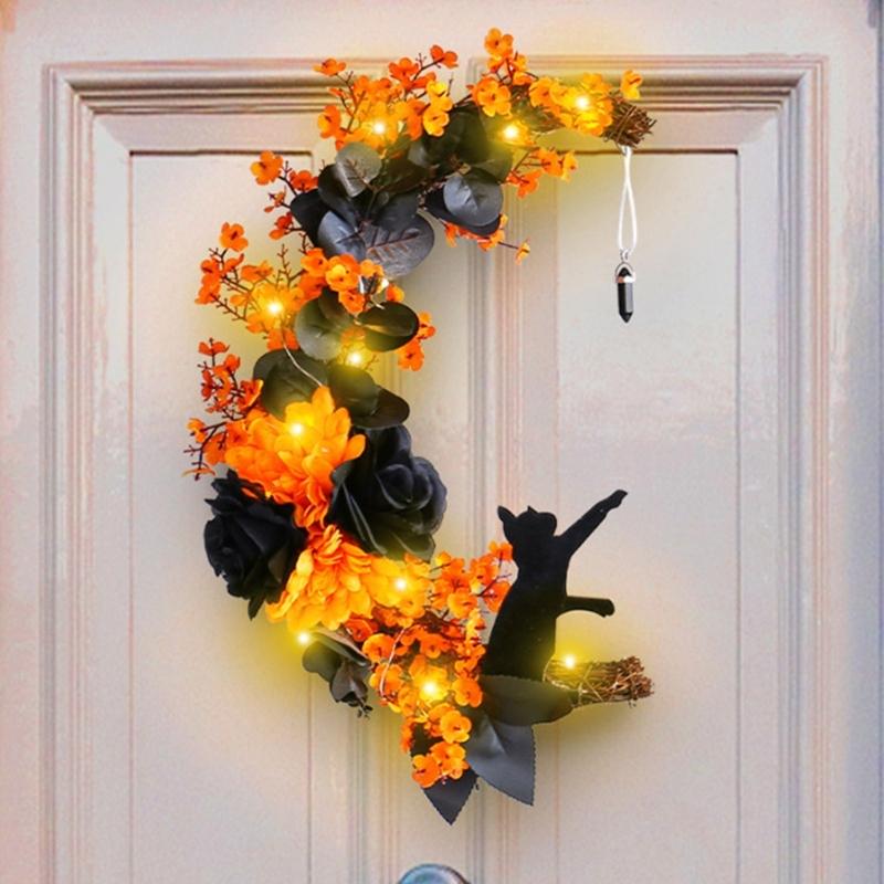 Halloween Moon Cat Wreath Simulation Hanging Pendant Autumn Rustic Crafts Spooky Halloween Decorations for Home Party