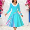 Women S Plus Size V Neck Faux Fur Trim Long Sleeve Striped Print Turquoise Blue Belted A Line Midi Dress