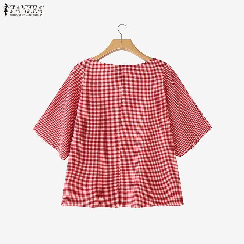ZANZEA Women Casual Square Collar Half Sleeve Plaid Print Blouse Tops