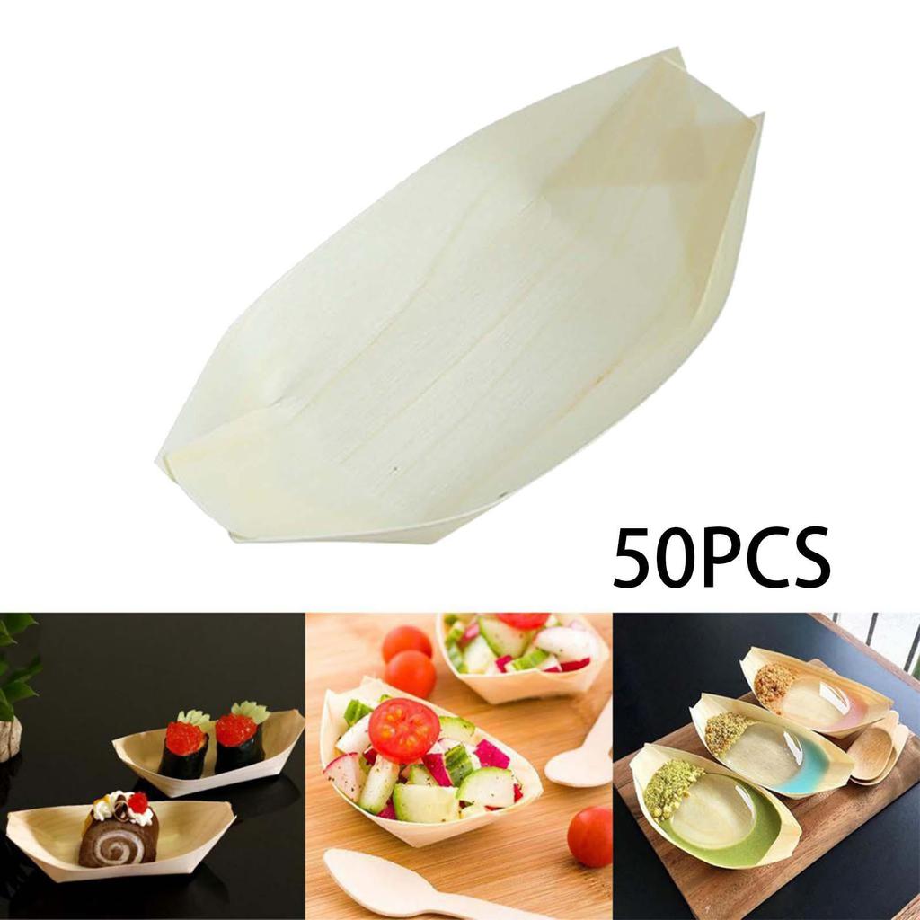 50 Pieces Disposable Wood Boat Serving Trays Sushi Dessert Tray Food Boats Storage Container