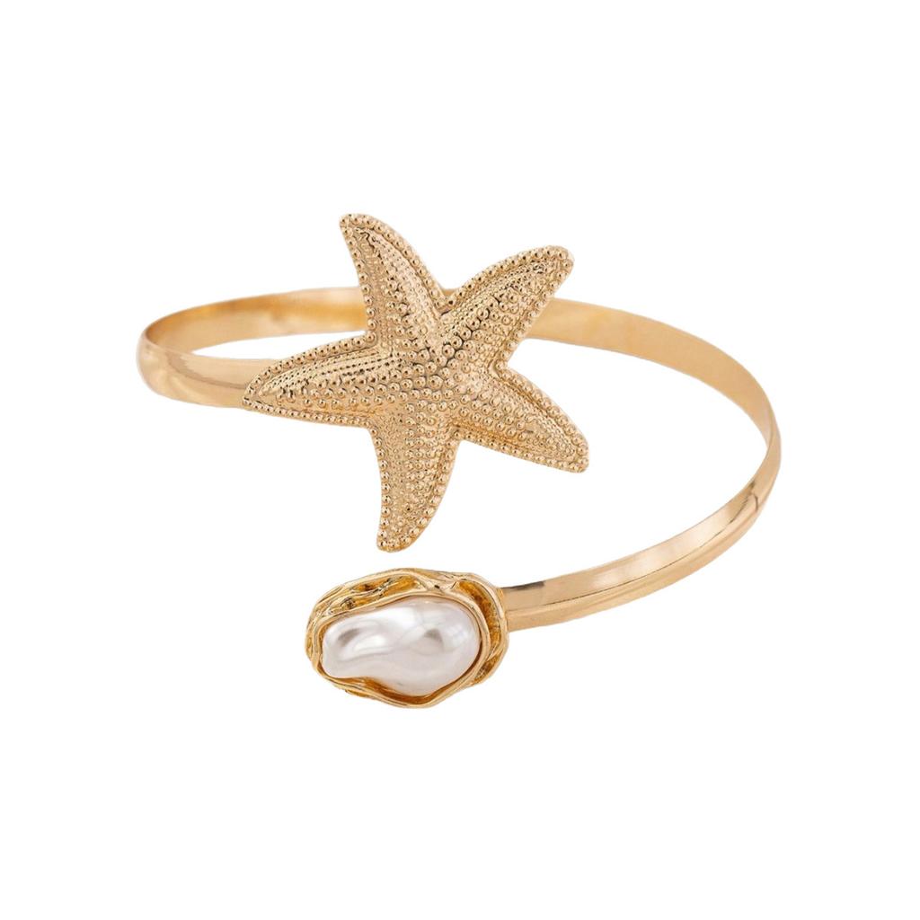 Ocean Resort Flower Starfish Faux Pearl Arm Cuff, Adjustable Upper Arm Bracelet