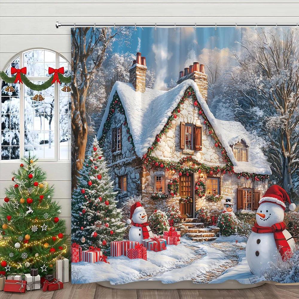 Pink Christmas Printed Shower Curtain Cute Snowman and Christmas Tree Gift Polyester Shower Curtains Bathroom Decor with Hooks