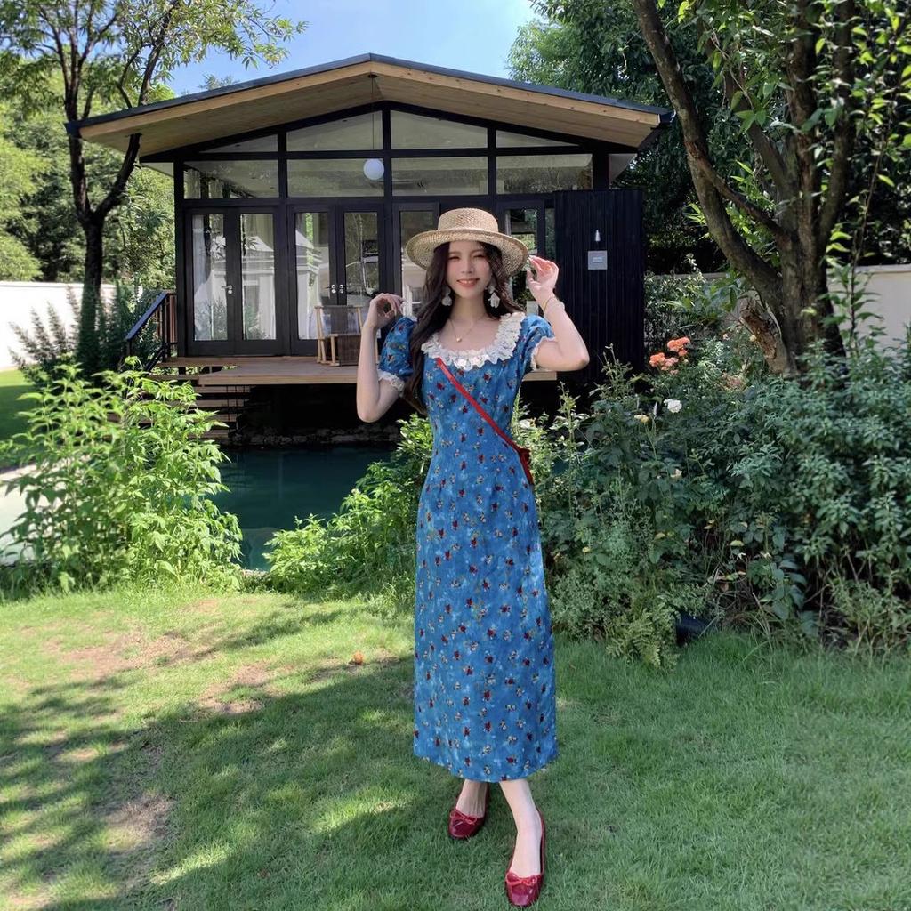 French Blue Floral Square Neck High-end Dress Women's Summer New Small Beautiful Long Dress
