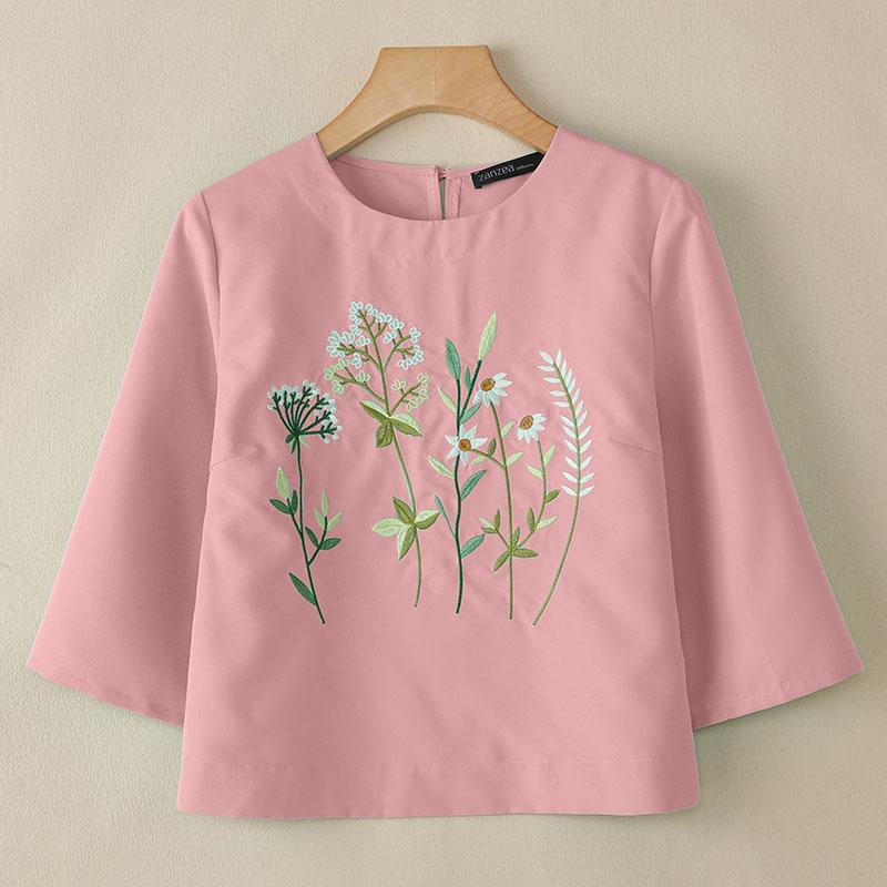 ZANZEA Women Casual Round Neck 3/4 Sleeve Loose Embroidery Blouse