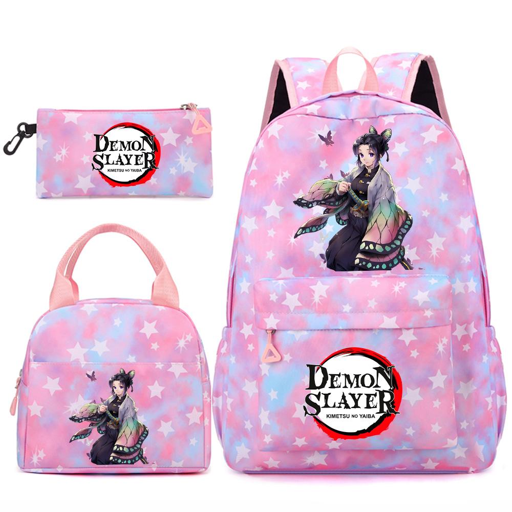 3 st/set Tecknad Demon Slayer Tryckt Ryggsäck Handväska Pennskrin för Tonåring Student Flicka Pojke Skolväska Stor Kapacitet Vattentät Resväska Gåva