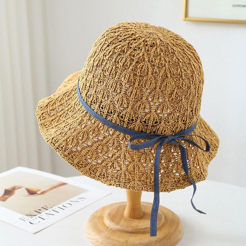 Bucket Hat Korean Straw Hat Women, Summer Travel Beach Hat With Bow, Handmade Woven Short Brim Hat