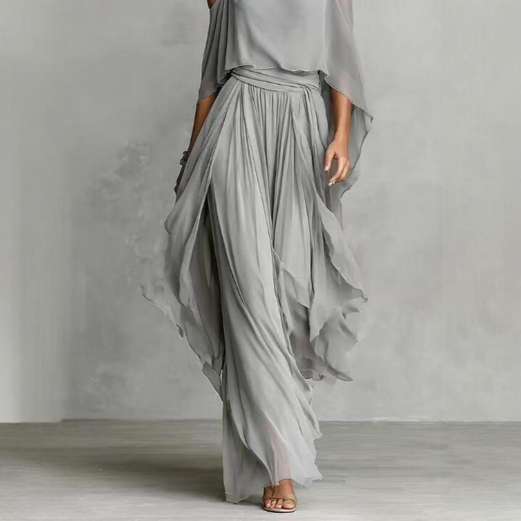 Damen schulterfreies Chiffon-Top mit weitem Hosenanzug Grau Unregelmäßiges Mode-Outfit für Crossbody