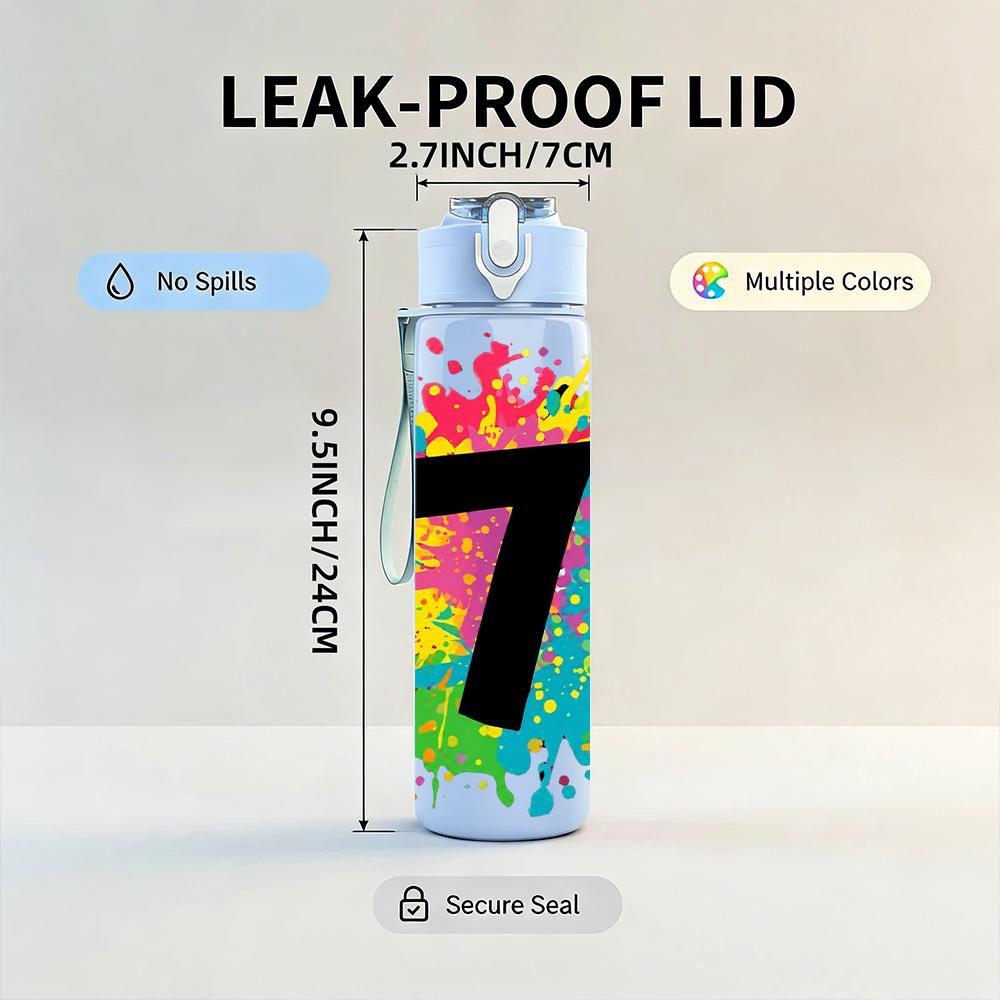 1PC Large Number Seven Splash Graphic 750ml Color Plastic Water Bottle Leakproof Flip Straw Lid For Sports Office Home Use