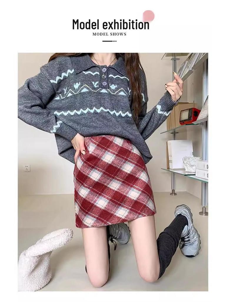 Plaid Woolen High-Waist A-Line Hip-Hugging Skirt - New Women's Collection for Early Autumn/Winter 2026