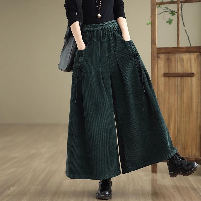 Women's Retro Corduroy High Waist Pants Spring Autumn Winter Slim A-Line Wide Leg Trousers with Pockets & Lace-Up Detail