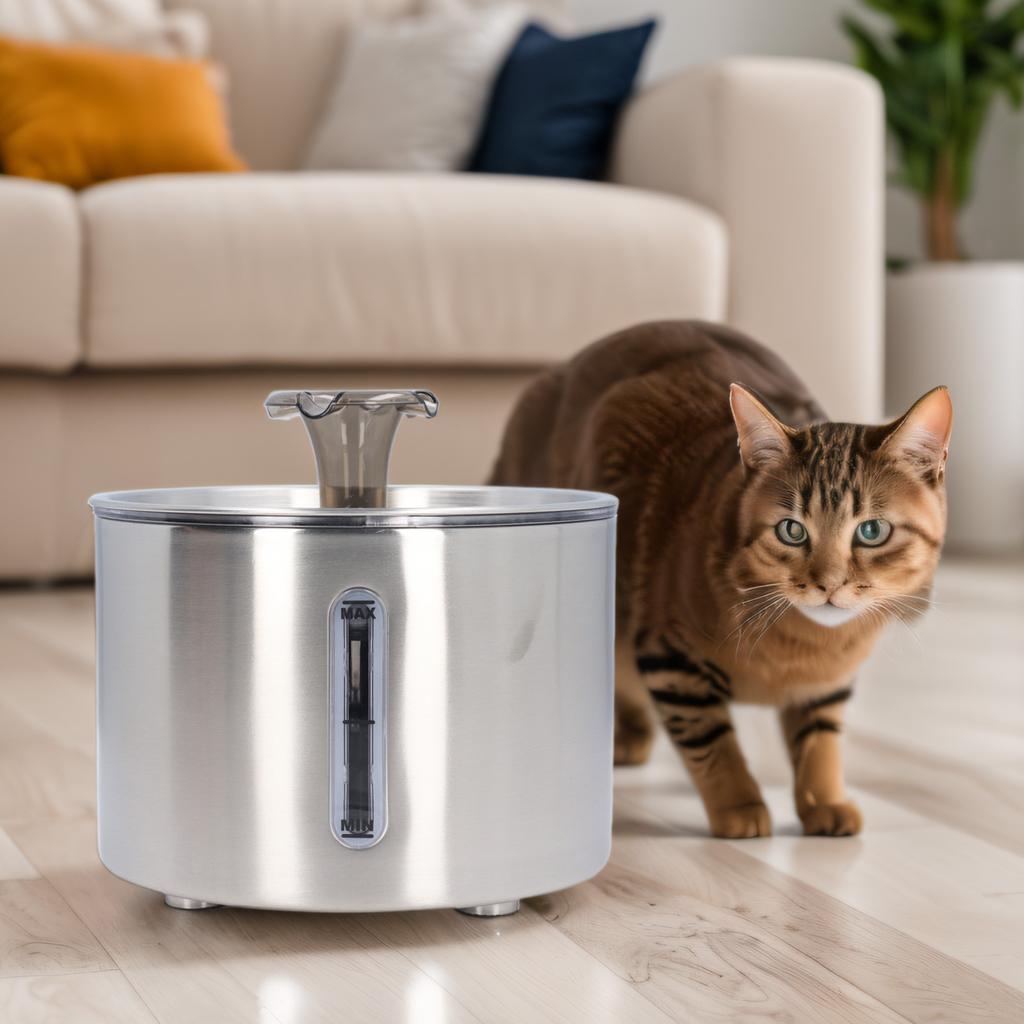 2.5L Cat Water Fountain 304 Stainless Steel Automatic Pet Water Drinking Dispenser with Water Level 