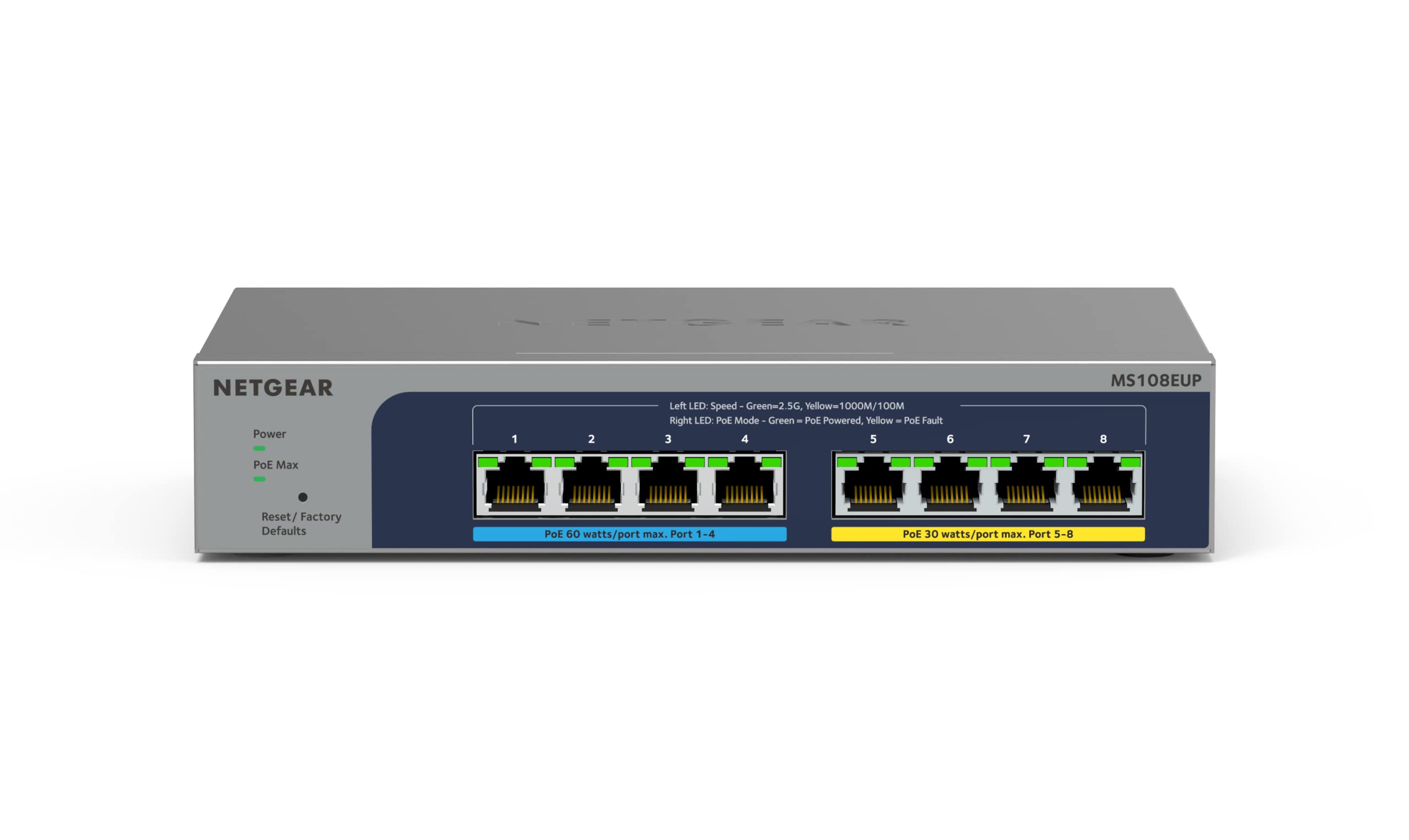 

Комутатор NETGEAR, 8 портів, металевий корпус, безшумний, безвентиляторний, обмежена довічна гарантія на апаратне забезпечення, некерований плюс [оригінальний продукт] 2,5G PoE+ (230 Вт) сірий колір