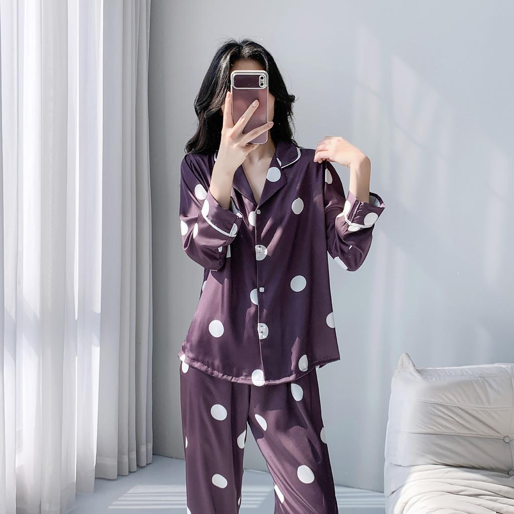 Spring and Autumn new lapel pajamas women's long-sleeved polka dot loungewear two-piece set loose large-size student home suit