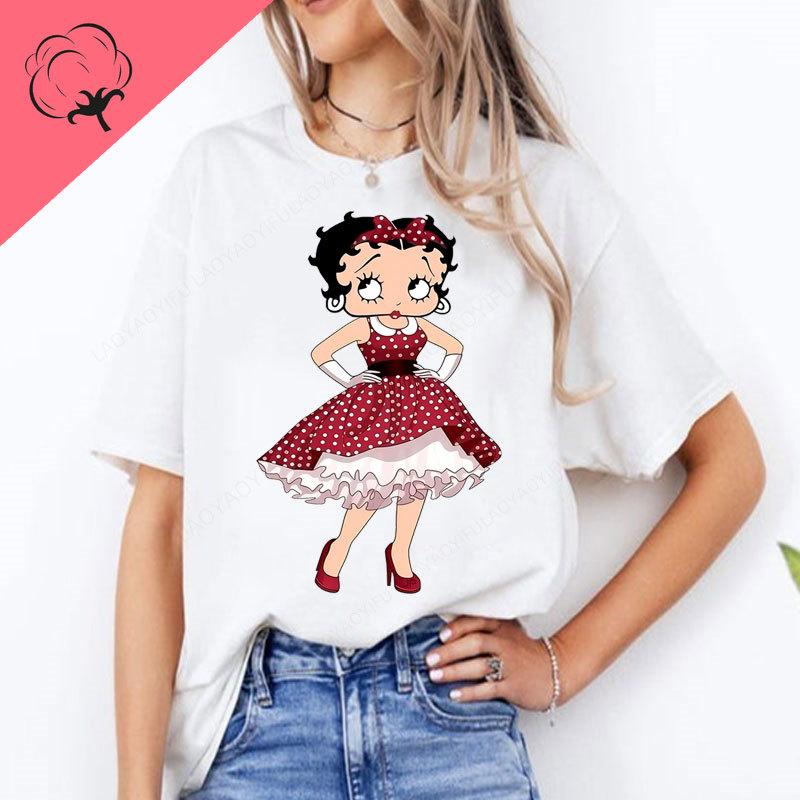 New Fashion BettyBoop T Shirt Kawaii Cotton Crewneck 2000s Clothes Y2k Women Shoujo Girl Style Creativity Tee