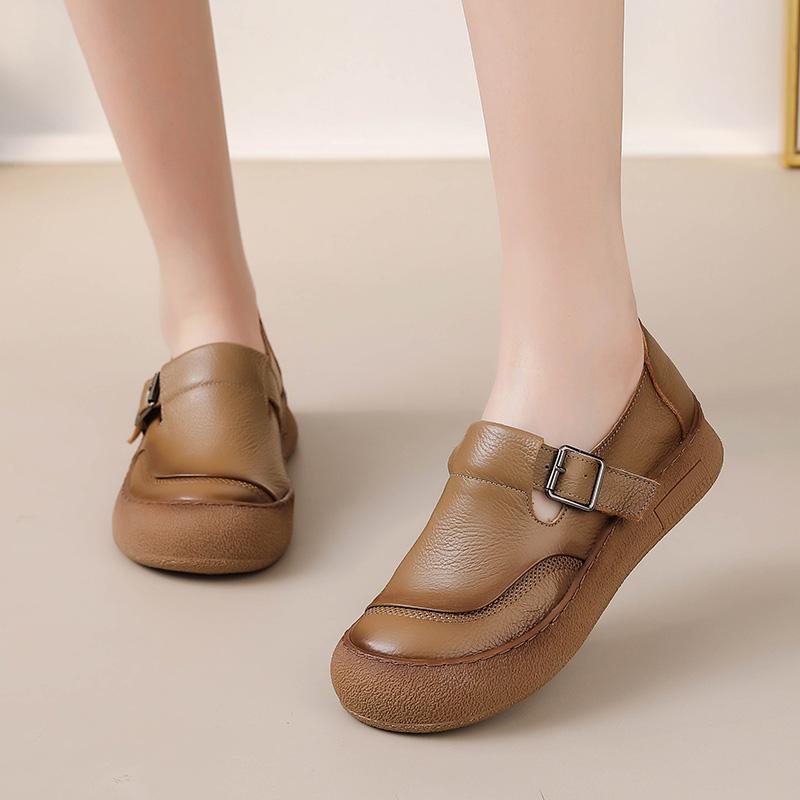 Fashion Original Natural Leather Shoes for Women Vintage Comfort Round Toe Buckl Flats Woman Slip On Orthopedic Loafers Ladies Moccasins