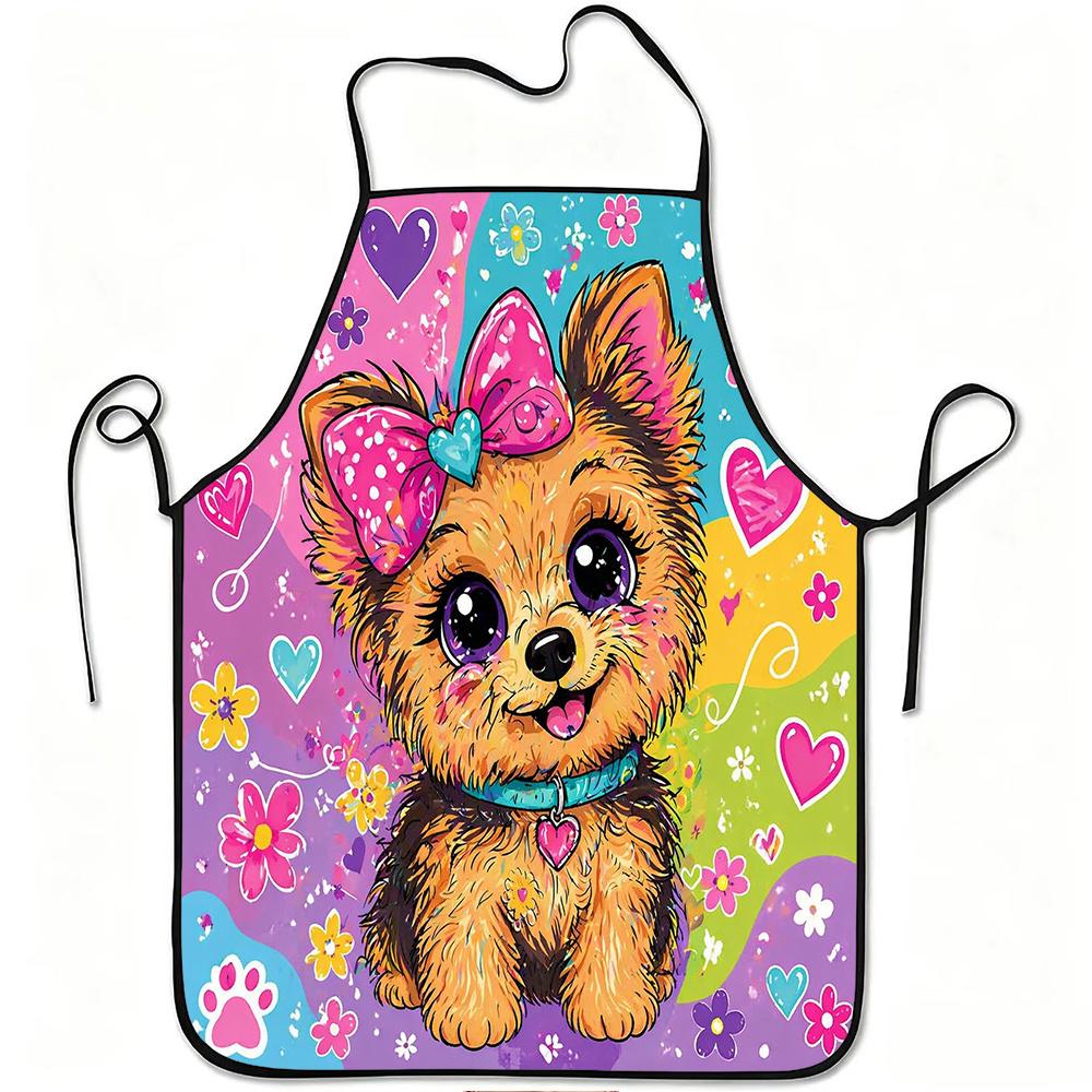 1pc Cute Puppy Heart and Flower Print Apron, Durable and Easy To Clean, Adjustable Waistband, Polyester Material, for Kitchen Cooking, Gardening, Orch
