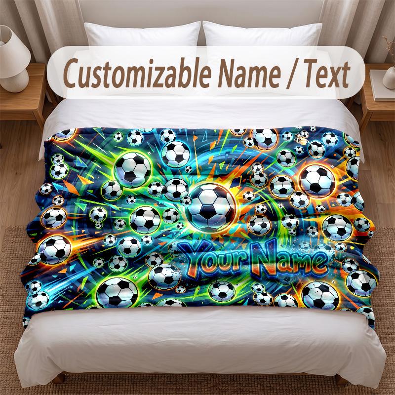 Soccer Theme Soft Blanket Personalized Custom Name Text Print Warm Blanket Home Sofa Bedroom Decor