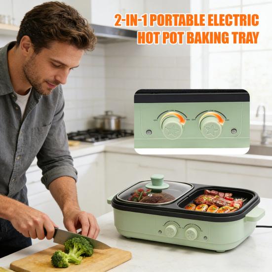 Elektrikli Hot Pot Izgara Tavası 2'si 1 Arada Yapışmaz Hot Pot Tava Cam Kapaklı Hızlı Isıtma Çift Sıcaklık Kontrolü Aşırı Isınma Koruması Ocak