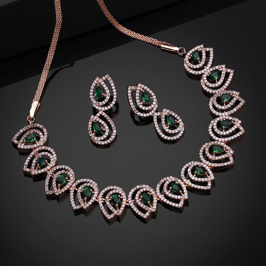 Estele Designer-Halsketten-Set für Damen, Roségold, patiniert, Zirkonia, Smaragdsteine