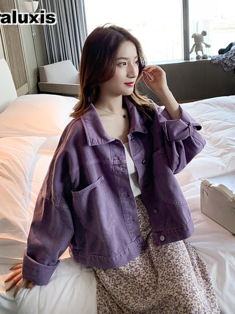 Small Size Loose Fit Slim Purple Denim Short Jacket Women Spring Korean Style Casual Top