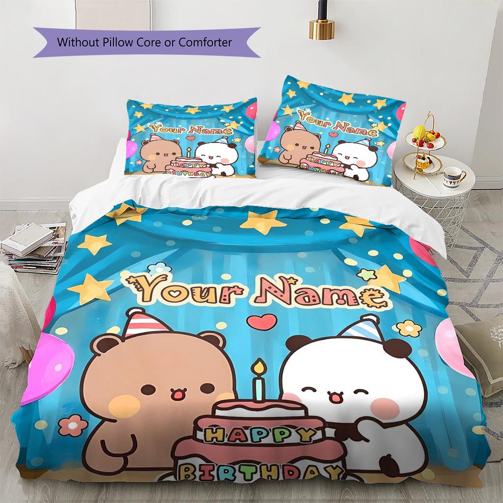 Bear Panda Night Custom Name Pattern Bedding Quilt Set Quilt Cover Pillowcase Home Birthday Gift(1 * Duvet Cover + 2 * Pillowcase, Without Core)