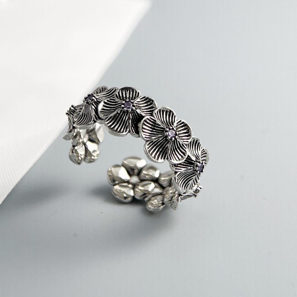 925 Sterling Silver Rings for Women Couple Minimalist Handmade Simple Retro Flower Zircon Ring Fine Jewelry Gift Prevent Allergy