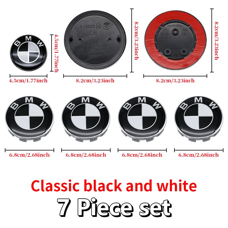 Universal Base Black White Badge Set for BMW 7Pcs 68mm 56mm 82mm 74mm Hood Trunk Wheel Steering Logo 7Pcs 2-Pin 3-Pin Clips Kit