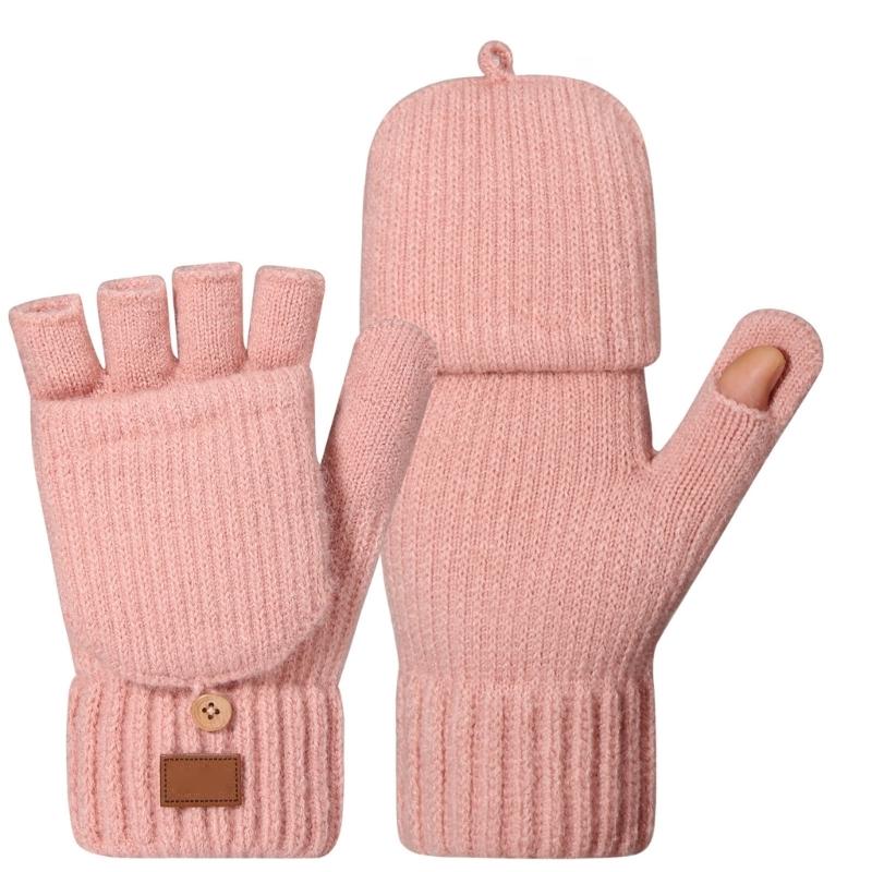 Women Half Finger Winter Gloves Thickened  Insulated Windproof Knit Design With Double Fleece Lining For Cold Weather