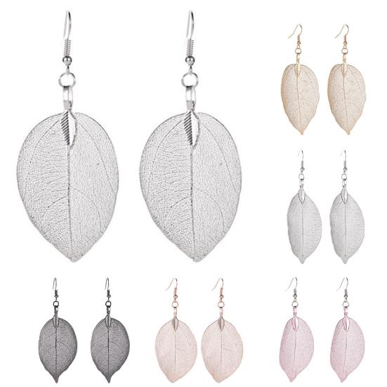 Tree Leaf Shape Alloy Hollow Bright Dangle Hook Earrings Fashion Jewelry for Wedding