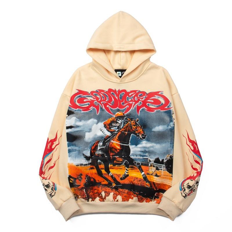 Men s Retro Skull Horse Riding Print Loose Hoodie XXL