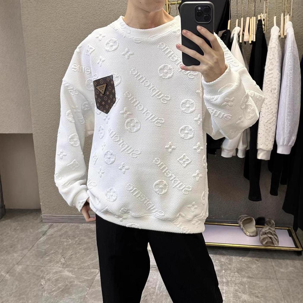 Felpa Jacquard da Uomo alla Moda con Fodera in Pile, Autunno/Inverno, Girocollo con Tasca a Lettera per Coppie
