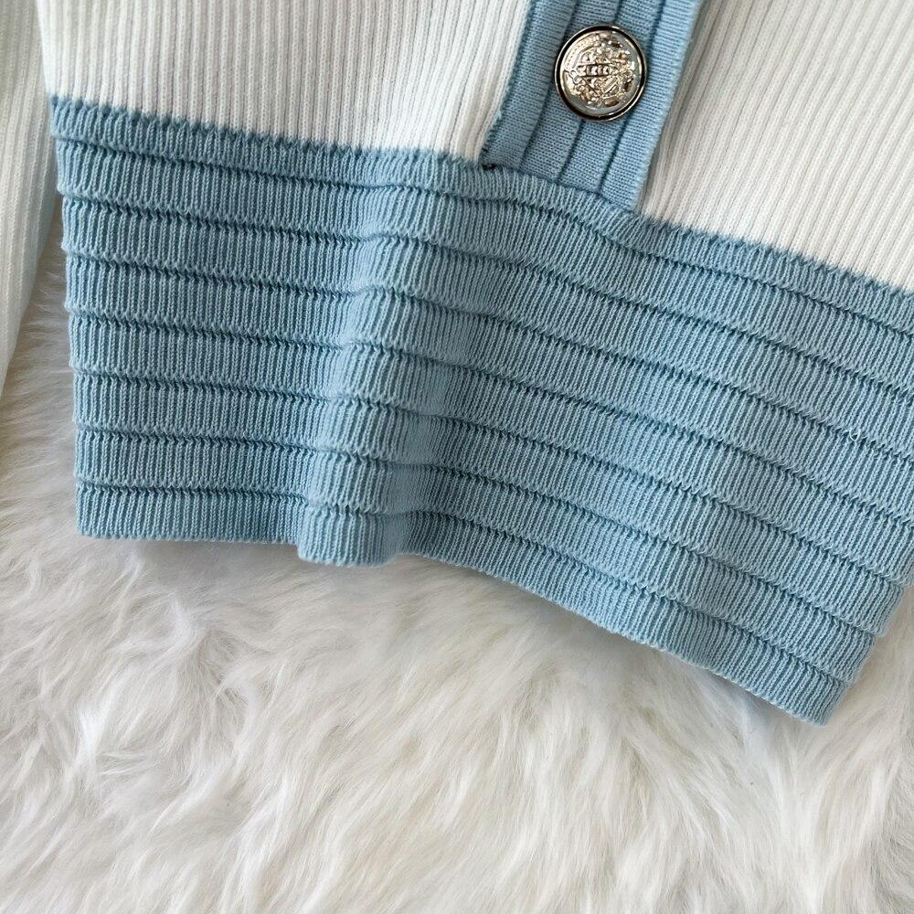 Herbst und Winter V-Ausschnitt Kontrastfarbe Schlanker Strickpullover Oberteil Hohe Taille A-Linie Faltenrock Mode Zweiteiliges Set