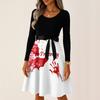 Women's Casual Vintage Halloween Dress Long Sleeve Round Neck Ghost Print Retro Style Midi Dress with Waist Tie for Daily Wear