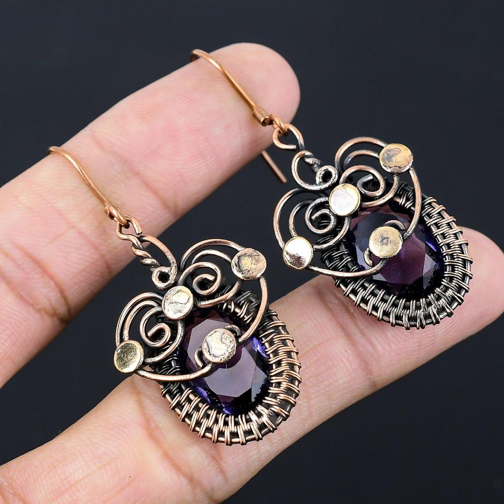 Krásný Iolitový Drahokam Ručně Vyráběné Náušnice Šperky Opletené Čistým Měděným Drátem