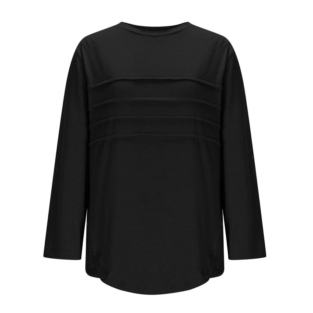 Ladies' Casual Fashionable Loose And Comfortable Round Neck Long Sleeved Button Hem Color Top