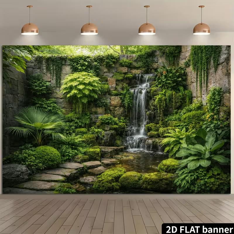 2D Zen Garden Backdrop with Waterfall and Stone Wall Photography Background