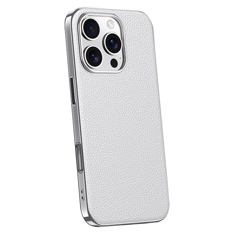 For iPhone 16 Pro Case Electroplating Genuine Cow Leather+PC Drop Resistance Phone Cover