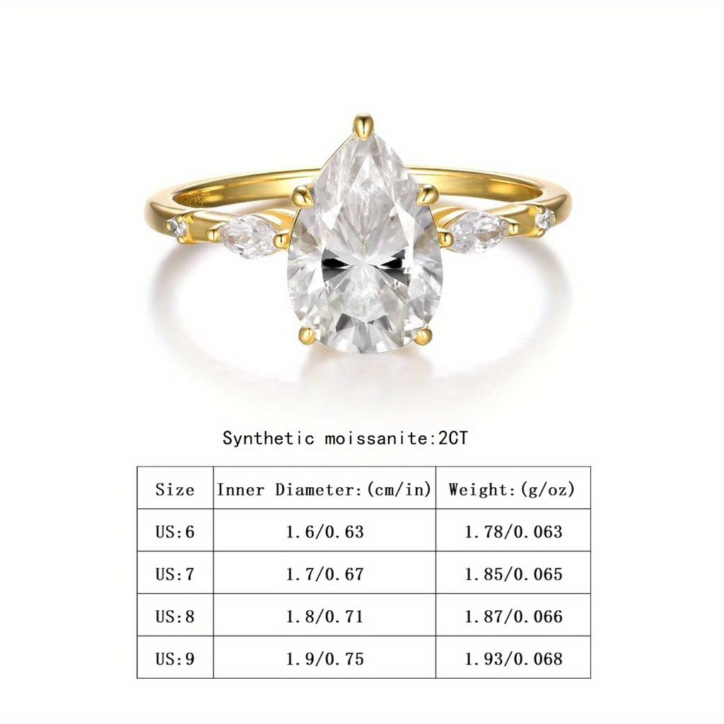 S925  Silver 2CT Teardrop Moissanite Ring Fine Jewelry Plated with 18k Gold Suitable for Gift Giving Anniversary