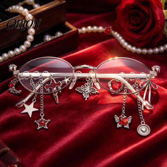 Personalized Styling Eyewear Aesthetic Oval Fake Glasses with Pendant, Anti-Blue Light Decorative Metal Fashion Eyewear, for Teen Girls Butterfly Star