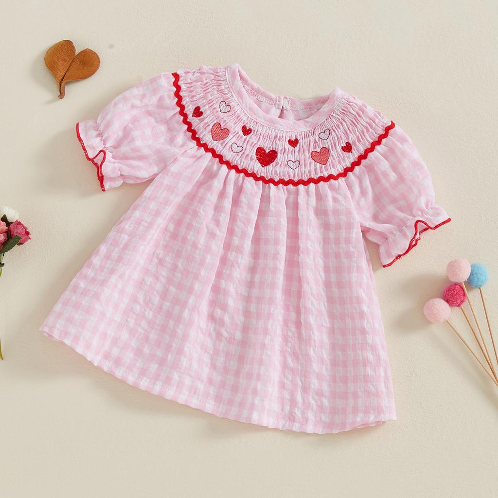 Kinder Mädchen Kleid, Kurzarm Rundhals Kariert Stickerei Herz Sommerkleid Kleidung