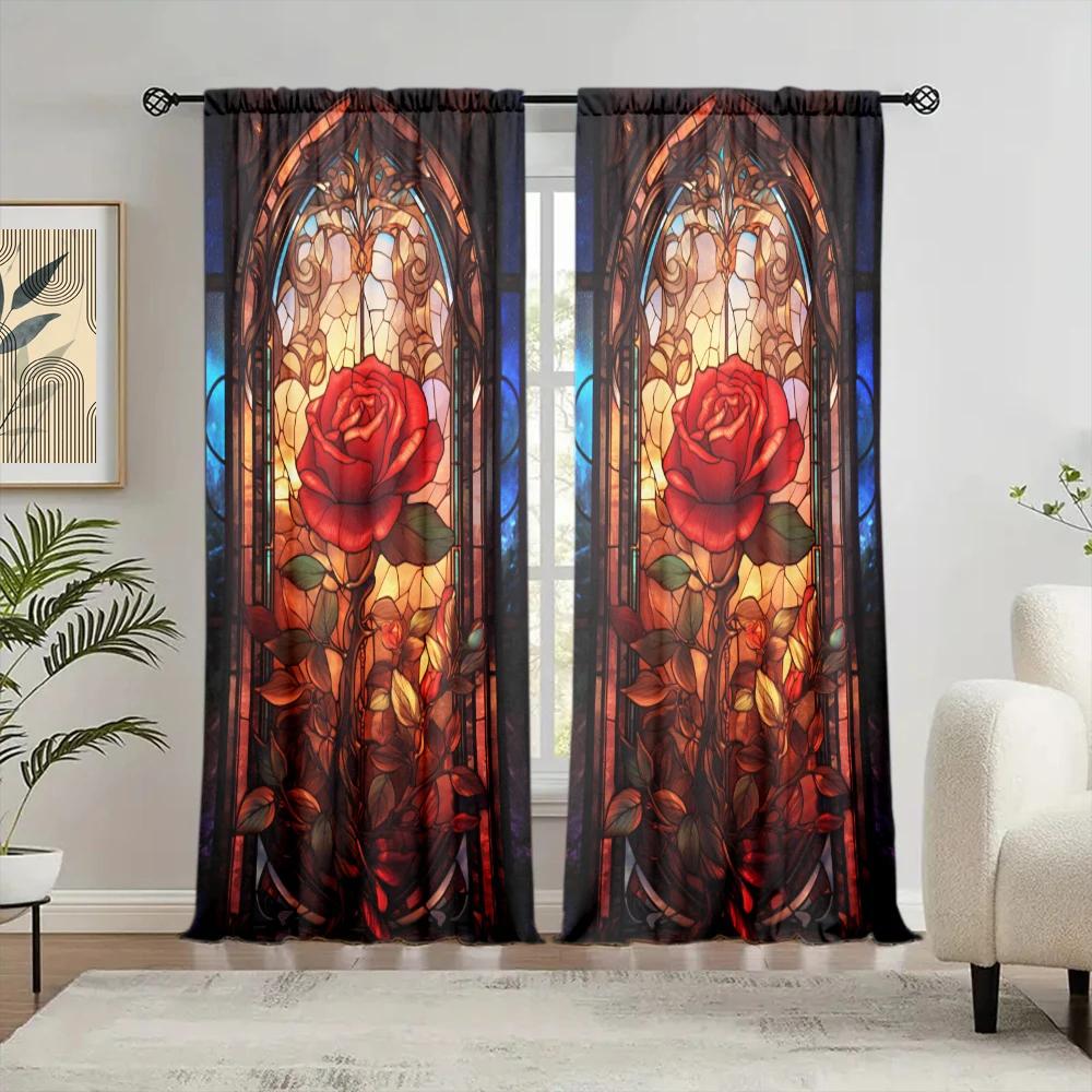 2pcs 3D Stained Glass Rose Landscape Curtain - Add a Touch of Romantic To Your Home Decor
